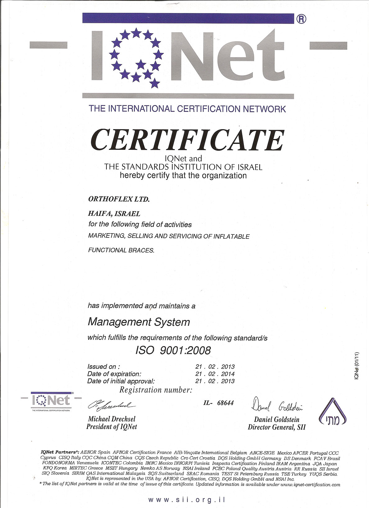 Orthoflex ISO9001:2008 English Certificate